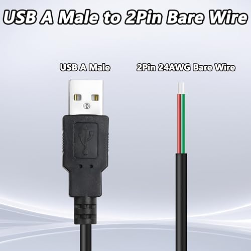 USB 2.0 to Bare Wire Cable,USB Type A Male Plug to 2 Pin Open End Bare Wire Pigtail Power Cord,24AWG 5V 2.5A 2 Cores Power Extension Cable for LED Strips, DIY Projects Electronics Repair-0.3M (5 PCS)