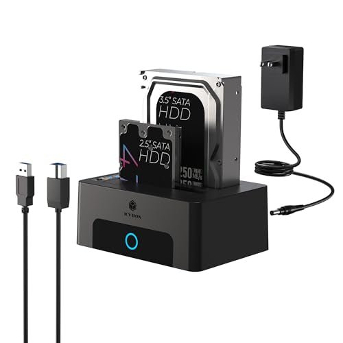 ICY BOX Dual-Bay Hard Drive Docking Station for 2.5 & 3.5 SSD HDD Up to 60TB , USB C 3.0 to SATA I/II/III Hard Drive Enclosure Reader with Offline Clone and Duplicator Function Tool Free Plug&Play