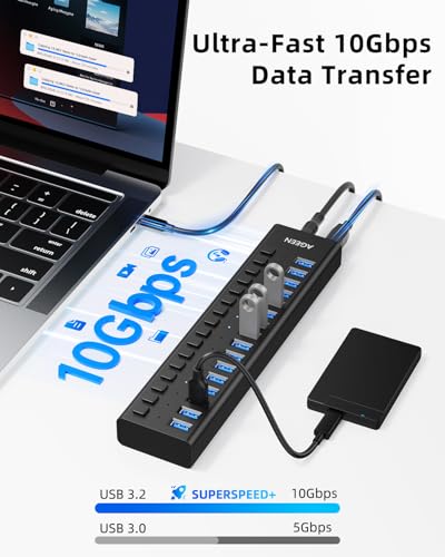 AGEEN 16-Port Powered USB 3.2 Hub, 10Gbps Data Transfer, 96W Power Adapter