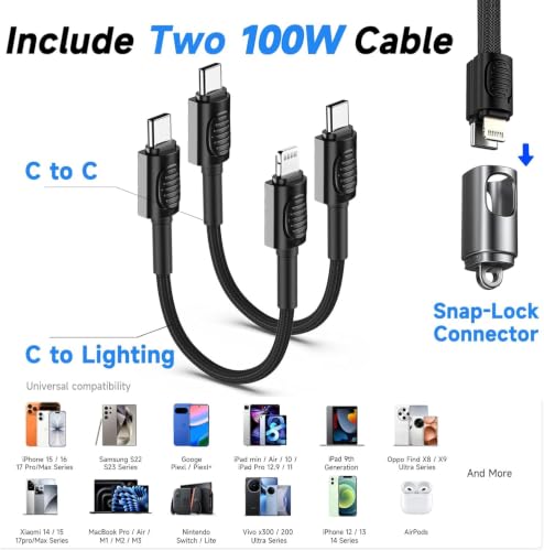 USB C Charger for iPhone 16/15 Charger Fast Charging, GaN Keychain Design Fast Wall Charger Block with 2 Pack USB C to C & C to Lightning Cable, Foldable and Compact for iPhone 17/16/15, iPad(Black)