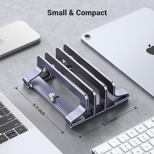 UGREEN 3-Slot Vertical Laptop Stand Holder Desk Compatible with MacBook Pro Air Laptop Stand Desktop Adjustable, Lenovo Ideapad, Surface Book, HP Notebook, Dell Chromebook Up to 17.3 Inch, Space Gray