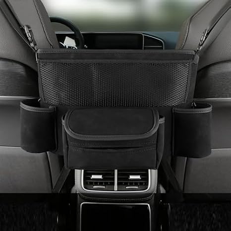 Car Organizer, Leather Large Capacity Car Purse Holder Between Seats, Seat Back Net Bag Double-sided Tissue Storage Handbag Holder Car Divider (Black)