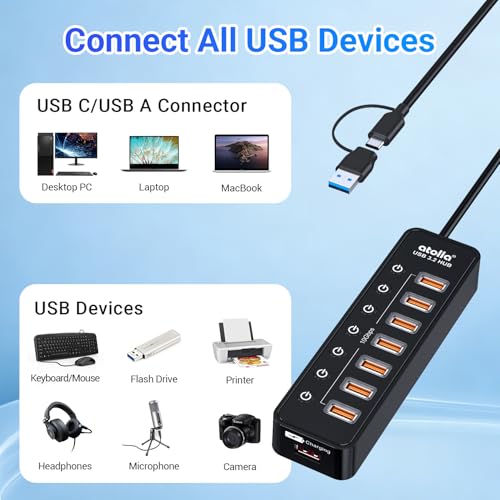 Powered USB Hub 3.2, atolla 8-Port USB 3.2/USB C Hub, Powered USB C Hub with 7 USB-A 10Gbps ports +1 Smart Charging port, Individual On/Off Switches, LEDs, 20W Power Adapter for PC - Image 4