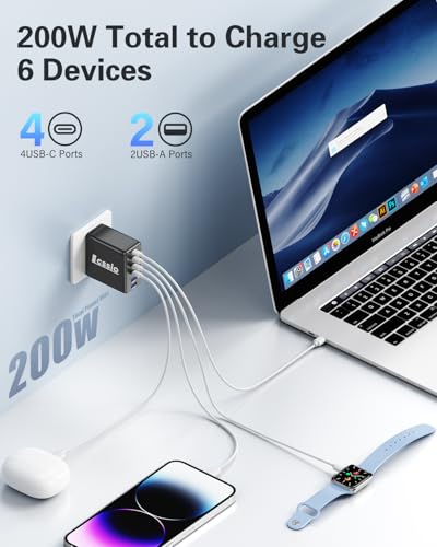 Lcssio 2 Pack 200W USB C Charger with 4 USB Cables, 6-Port Wall Charger