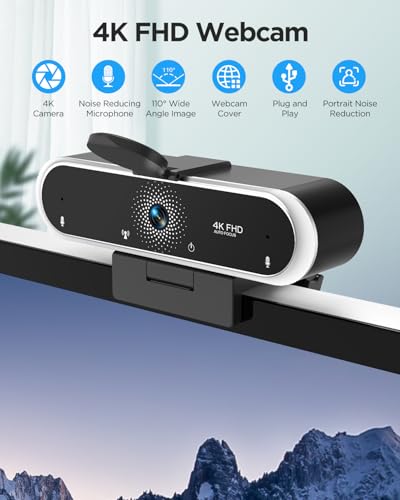 Webcam 4K with Microphone & Privacy Cover for PC/Laptop, USB Computer Camera Plug & Play with Auto Light Correction for Video Calls, Live Streaming Gaming & Online Meetings