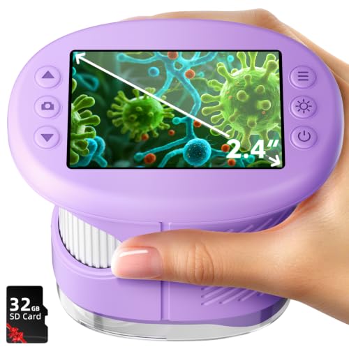 Odatay 2.4" 4K 1000X Digital Kids Microscope with 32G Card 12 Slides Purple