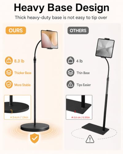 Tablet Floor Stand with Heavy Base Height Adjustable Gooseneck Tablet Holder for 4.7-13" Devices Compatible with iPad/Samsung Galaxy Tab/Kindle/Phones/Switch Overhead Bed Phone Stand with Cable Ties