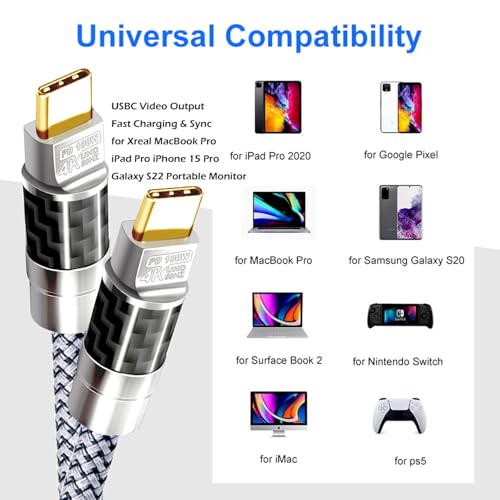 USB C to C Cable 30FT,100W 4K60HZ Type C GEN2x2(Data usb2.0),USB C Video Output From USB3.2/ USB4.0 Fast Charging & Sync for Xreal MacBook Pro iPad Pro iPhone 15 Pro Galaxy S22 Portable Monitor