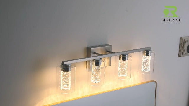 SineRise 3-Light Brushed Nickel Vanity Light with 3 Color Modes (3000K/4000K/6000K), Eye Protection LED Bathroom Light Fixture, Dimmable Modern Wall Light Over Mirror with Clear Glass Shade