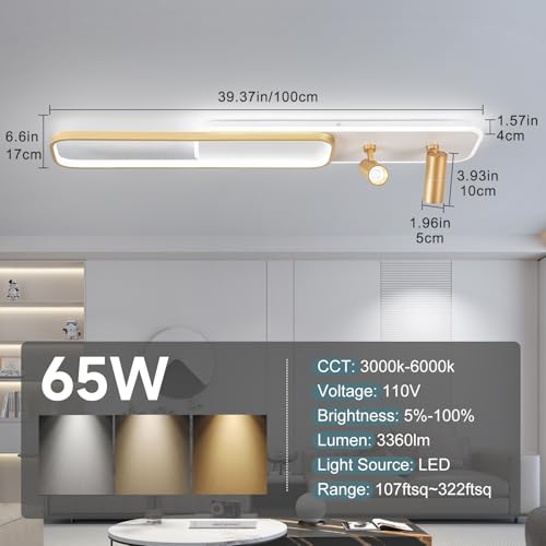 EIDISUNY Modern LED Ceiling Light Remote Control, 39.3in Linear Ceiling Light with 2 Adjustable Spotlights 65W, Dimmable 3CCT, Gold Long Ceiling Light Fixture for Bedroom Kitchen Living Room