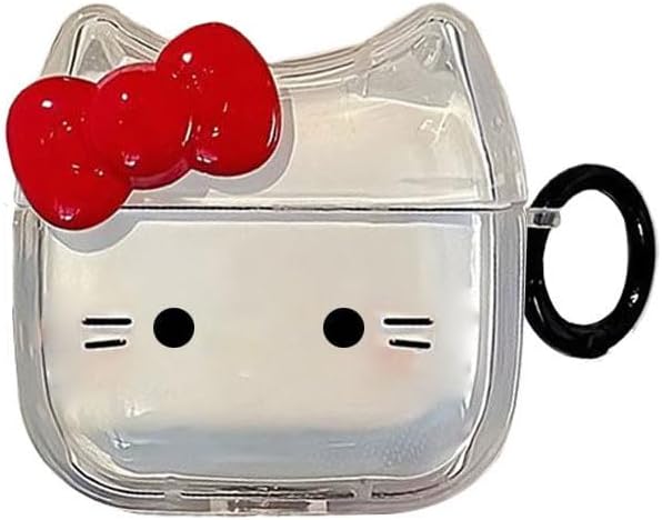 Transparent Clear Earphone Case for AirPods Pro 3 (2025), Cute Lovely Cat Face Soft TPU Silicone Case, Kitty AirPods Pro 3 Cover Protective Skin Protector for iPod Earbuds -Red Bowknot Cat