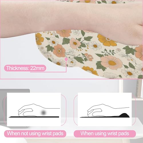 Retro Boho Groovy Flower Mouse Pad with Wrist Rest and Keyboard Wrist Rest Set, Non-Slip Rubber Base Memory Foam Mouse Pad Set for Women, Office Desk Accessories, Gaming