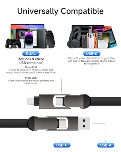 6-in-1 Keychain Charging Cable,60W Fast Charging Multi Charging Cable with USB-A,USB-C,L & Micro USB Connectors,Travel Essentials for Cruise Vacation, Camping, iPhone 18 Pro/Duo/17-12,Samsung,iPad