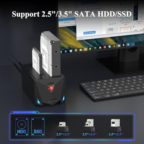 FIDECO USB 3.2 Gen 1 to Hard Drive Docking Station, Hard Drive Dock for 2.5 or 3.5 inch SATA I/II/III HDD SSD with Hard Drive Duplicator/Offline Clone Function and 2 USB Cables, Support UASP