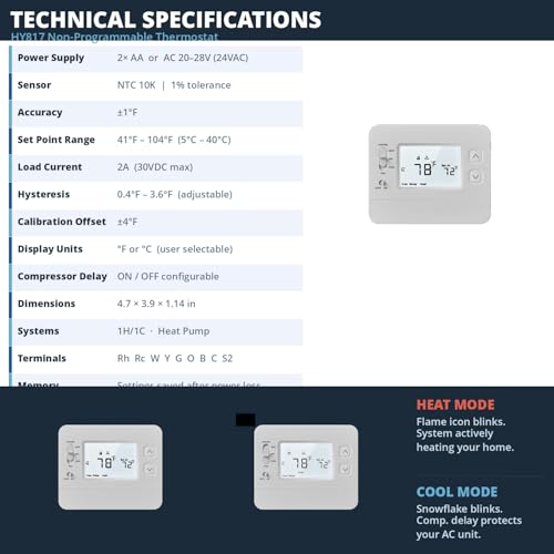 Non-Programmable Thermostat for Home, Battery Powered Wireless, No Wi-Fi No App Required, 1 Heat 1 Cool & Heat Pump, 24V Compatible, ±1°F Precision, Backlit LCD, Easy DIY Install