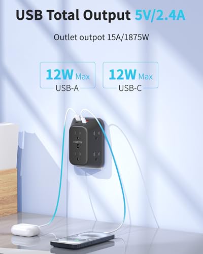 Black Outlet Extender, 6AC&2A2C, 1050J, USB Wall Charger, 1875W/15A
