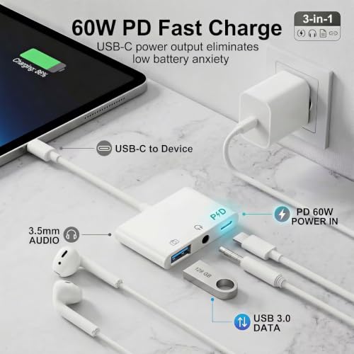USB C to 3.5mm Audio Adapter with 60W PD Fast Charging Port, 3-in-1 Aux to Type C Multi-Function Adapter, USB C to USB Adapter Compatible with iPhone 17/16/15, iPad Pro, MacBook, Galaxy S26 & More