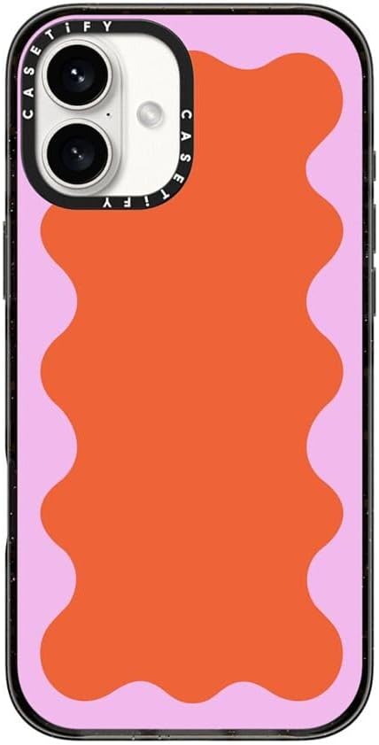 CASETiFY Impact Case for iPhone 16 Plus [Slim / 8.2 ft. 4X Military Grade Drop Protection/Wireless Charging Compatible] - Pink Wavy Border on Orange - Clear Black