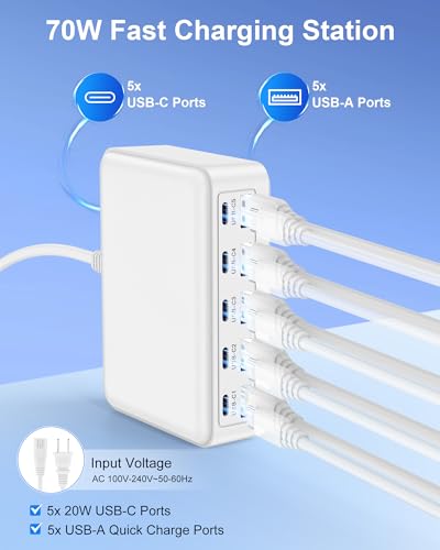 USB C Charger Station for Multiple Devices, 10-Port USBC Charging Hub