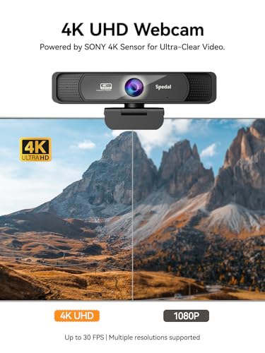 Spedal 4K Webcam with Tripod, Wide Angle 120° USB Webcam, Sony 1/2.8" Sensor, Dual Microphones, Remote Control, Auto Focus for Video Conferencing, Online Meetings, Streaming, Zoom & Teams