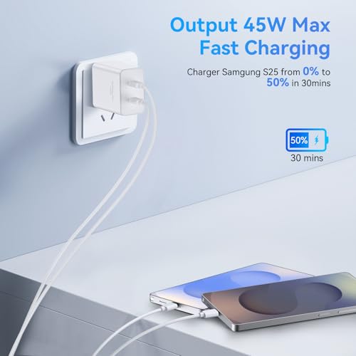 45W Samsung Charger Fast Charging,2Pack Dual Port Super Fast USB C Charger Block,Quick Type C Chargers Adapter 10FT Long USB C Cable for Samsung Galaxy S25 Ultra/S25+/S25/S24/S23/S22/S21/S20/Note20/10 - Image 3