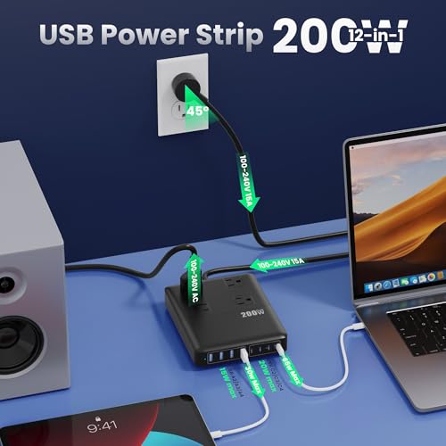 200W Charging Station,12-in-1 USB C Power Strip with Flat Plug and 5ft Extension Cord,4 AC Outlets,4 USB-A,4 USB-C Ports for iPhone 17/16/15,65W PD Fast Laptop Charger for MacBook, Home, Office, Dorm - Image 4