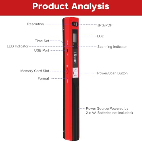Portable Document Scanner - 900DPI Handheld Portable Scanner Image Scanner Scanning Wand A4 Colour Photo Mobile Scanners Handy Scan, JPG/PDF Format, with 16G SD Card (Red)