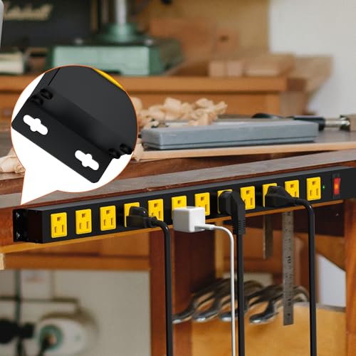 Metal 12 Outlet Mountable Power Strip, 2100J Surge Protector with Heavy Duty 6ft Extension Cord, Wide Spaced and Wall Mount Metal Powerstrip for Garage, Desk, Industrial, Shop and Indoor (6ft)