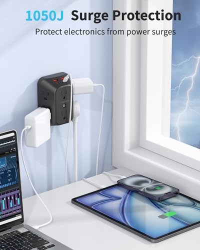 Black Outlet Extender, 6AC&2A2C, 1050J, USB Wall Charger, 1875W/15A