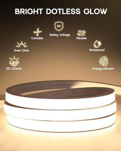 LED Strip Lights Warm White 3000K,9.8ft 12V Neon Rope Lights,Flexible Silicone Outdoor Waterproof Neon Strip Lights for Mirror,Kitchen,Cabinet,DIY Lighting(Power Supply Not Included)
