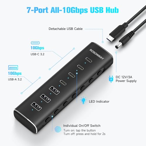 Rosonway 7 Ports Powered USB 3.2/USB C Hub 10Gbps with 4 USB-C 3.2, 3 USB-A 3.2 Ports, 3.3ft Cable and 36W(12V/3A) Power Adapter, Aluminum USB Splitter for Laptop, RSH-H7C4