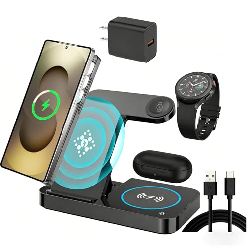 3 in 1 Charging Station for Samsung Android: Wireless Phone and Watch Charger for Galaxy S25 Ultra/S24/S23/Z Fold, Wireless Charger Stand for Galaxy Watch 8/7/6/5 Earbuds 4/3/2/Pro,Not for Watch 9