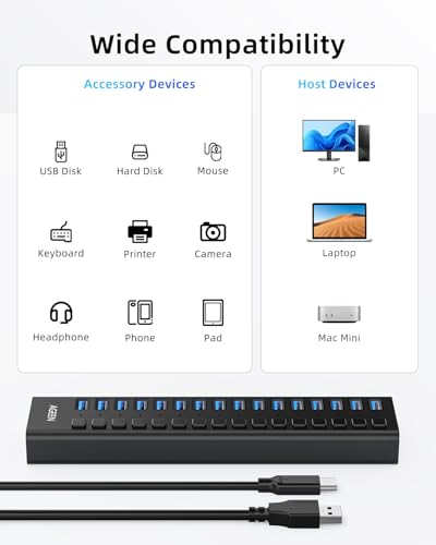 AGEEN 16-Port Powered USB 3.2 Hub, 10Gbps Data Transfer, 96W Power Adapter