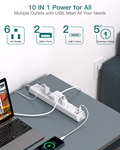 Power Strip Surge Protector with USB C - Flat Plug Extension Cord