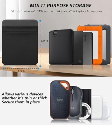 Lacdo Portable External Hard Drive Carrying Case, Hard Drive Holder for Laptop, 2-Pocket Adhesive Pouch Stick on Holder, Fit 2.5" Seagate, WD, Toshiba External HDD, SSD, Cable, Magic Mouse, Black