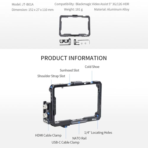 Monitor Cage for Blackmagic Video Assist 5" 12G / 3G, Nitze Cage with HDMI and USB-C Cable Clamps