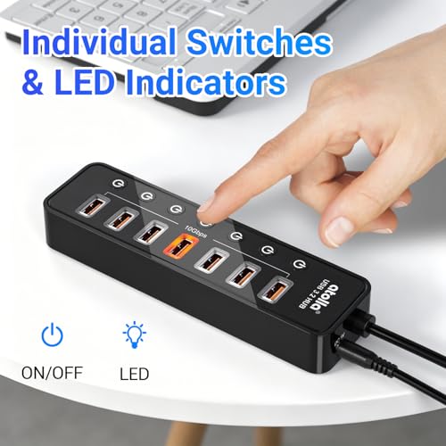 Powered USB Hub 3.2, atolla 8-Port USB 3.2/USB C Hub, Powered USB C Hub with 7 USB-A 10Gbps ports +1 Smart Charging port, Individual On/Off Switches, LEDs, 20W Power Adapter for PC - Image 7