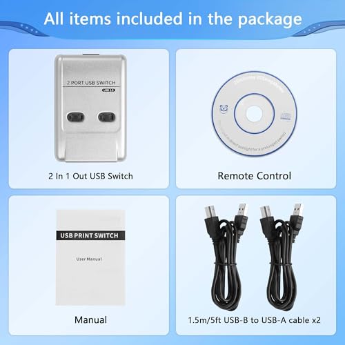 CERRXIAN USB2.0 Manual Printer Sharer Switcher,2 in 1 Out Printer Sharing Device Adapter,2-Port USB B Print Switch Hub Converter,with 2 USB Printer Cables (5ft/1.5M),for Printer Scanner