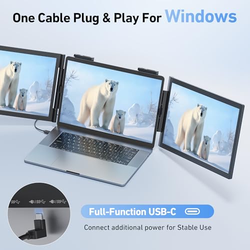 Laptop Screen Extender, 14’’ FHD 1080P Triple Portable Monitor for Laptop with Ultra-Slim IPS Display, USB-C Plug and Play Multi Screen Attachment for 14"-15.6" Laptops