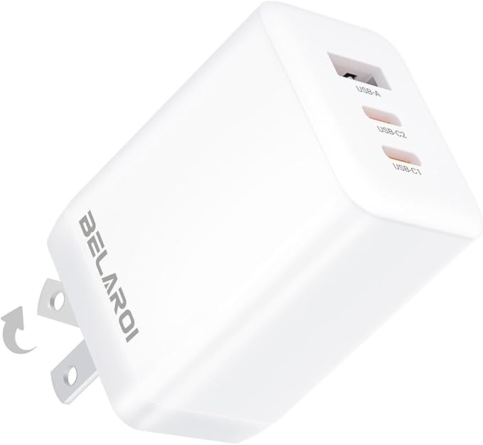 BELAROI 65W USB C Wall Charger Block, PD 3.1,3-Port GaN Fast Charger, 65W Foldable High Power Fast Charging Brick, for iPhone,iPad and MacBook Pro/Air,Samsung Galaxy (White)