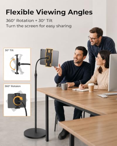 Tablet Floor Stand with Heavy Base Height Adjustable Gooseneck Tablet Holder for 4.7-13" Devices Compatible with iPad/Samsung Galaxy Tab/Kindle/Phones/Switch Overhead Bed Phone Stand with Cable Ties
