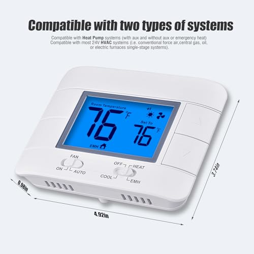 Thermostat Non Programmable Heat Pump Thermostat for House 2H/1C, with Large LCD Display of Room Temperature and Humidity