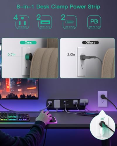 Mifaso Desk Clamp Power Strip 10FT, 40W USB C Fast Charging Station, Black