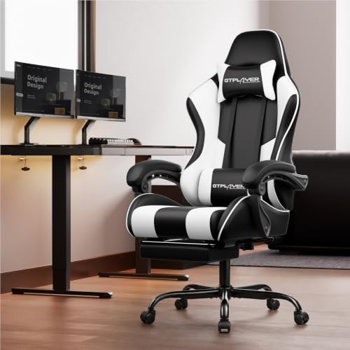 GTPLAYER Gaming Chair, Computer Chair with Footrest and Lumbar Support, Height Adjustable Game Chair with 360°-Swivel Seat and Headrest and for Office or Gaming (Pearl White) - Image 3