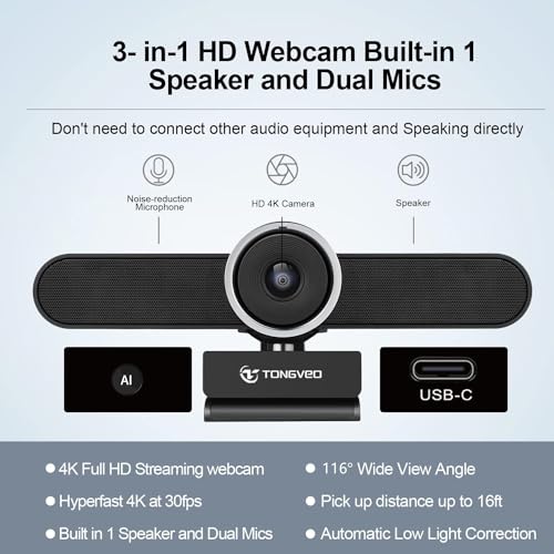 TONGVEO 4K Webcam Conference Call Room Web Camera with Dual Microphones &Speaker, | All-in-One USB Video Camera, 116° Wide Angle, AI Auto Framing | Compatible with Zoom, OBS