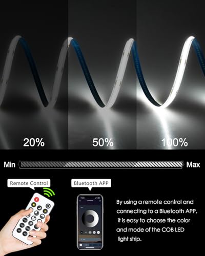 24V COB LED Strip Light 65.6ft One Roll with Remote Cold White 6500K 8mm