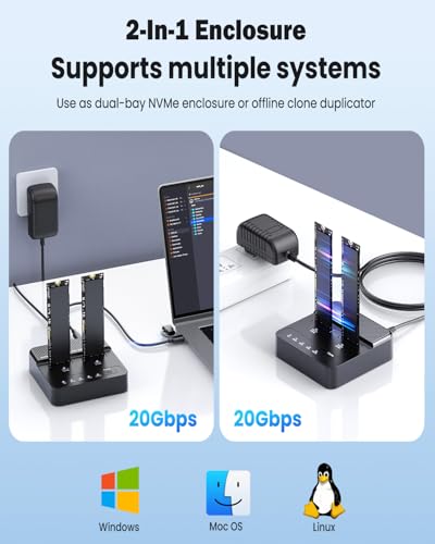 Dual Bay NVMe SSD Cloner & Duplicator - 20Gbps USB 3.2 Gen 2x2 M.2 Enclosure Dock, Tool-Free Offline Clone Reader/Adapter for PCIe NVMe SSDs (M-Key/B+M Key) Supports 2230 2242 2260 2280 22110