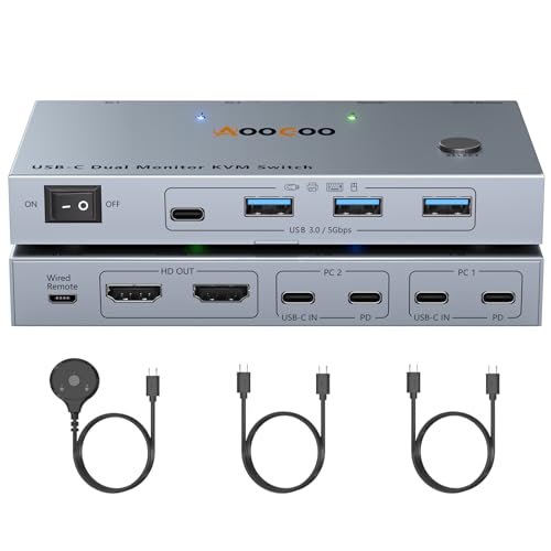 USB-C KVM Switch 2 Laptops 2 Monitors, 4K@60Hz Dual Monitor KVM Switch Sharing 2 Screens and 4 USB3.0 Devices, with 100W PD,Wired Remote Control and USB C Cables