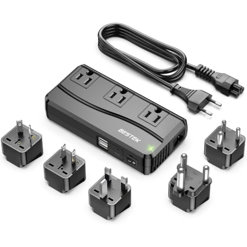 BESTEK 300W Power Converter 3-Outlet and 4-Port USB Travel Voltage Transformer 220V to 110V with Type G/D/M/AU/US Travel Plug Adapters