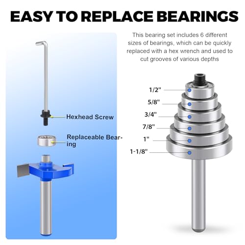 4 Pcs Rabbeting Router Bits Set 1/4 Inch Shank, Carbide Tipped Rabbet Router Bit with 6 Bearings Set, Router Accessories Interchangeable Adjustable Multi Depths Cutter for Cutting Rabbet Slots